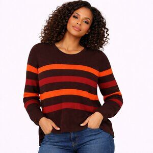 Villagers Women’s Brown & Orange Striped Sweater | Cozy Knit Pullover Top | Size